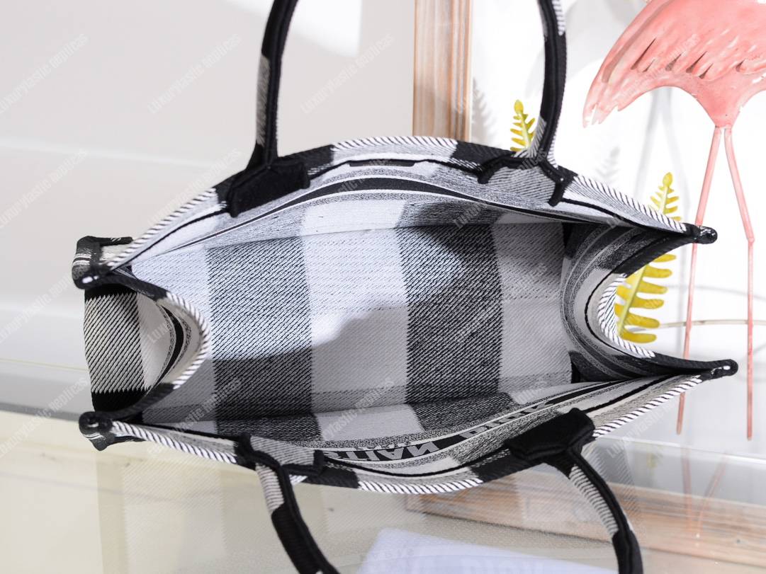 mini D*or book tote in off-white & black embroidered canvas