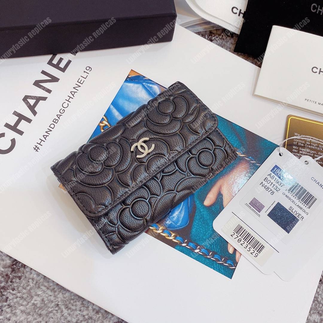 Ch*el flap card holder satin finish goatskin black