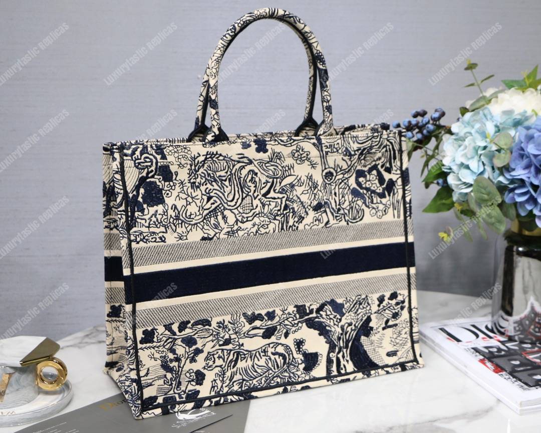 D*or book tote bag embroidered black & white toile de jouy carnivora