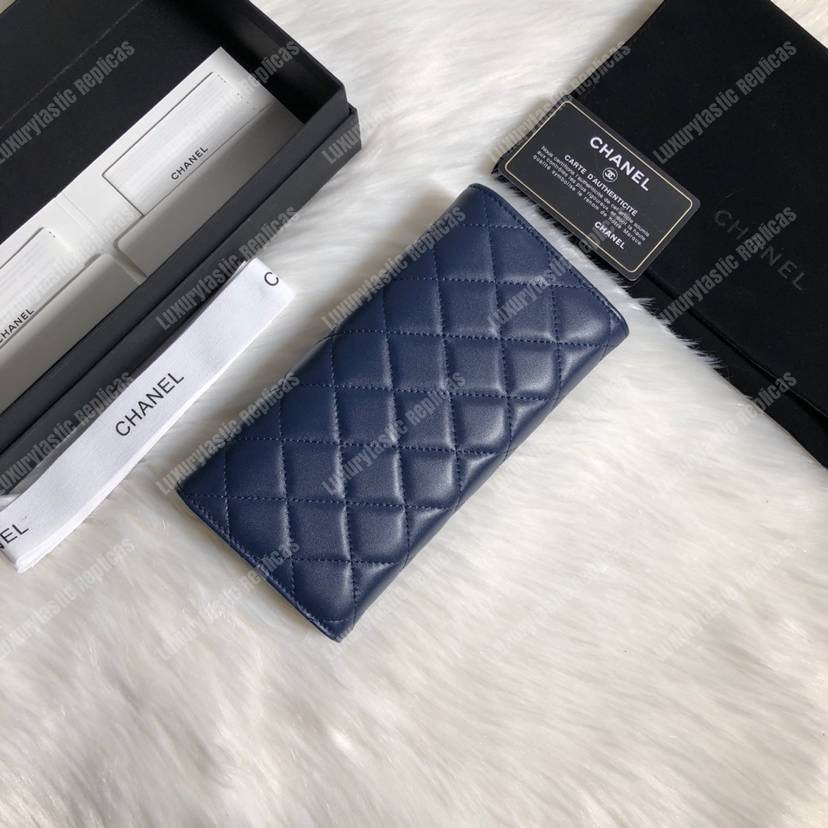 Ch*el classic long flap wallet silver tone navy blue
