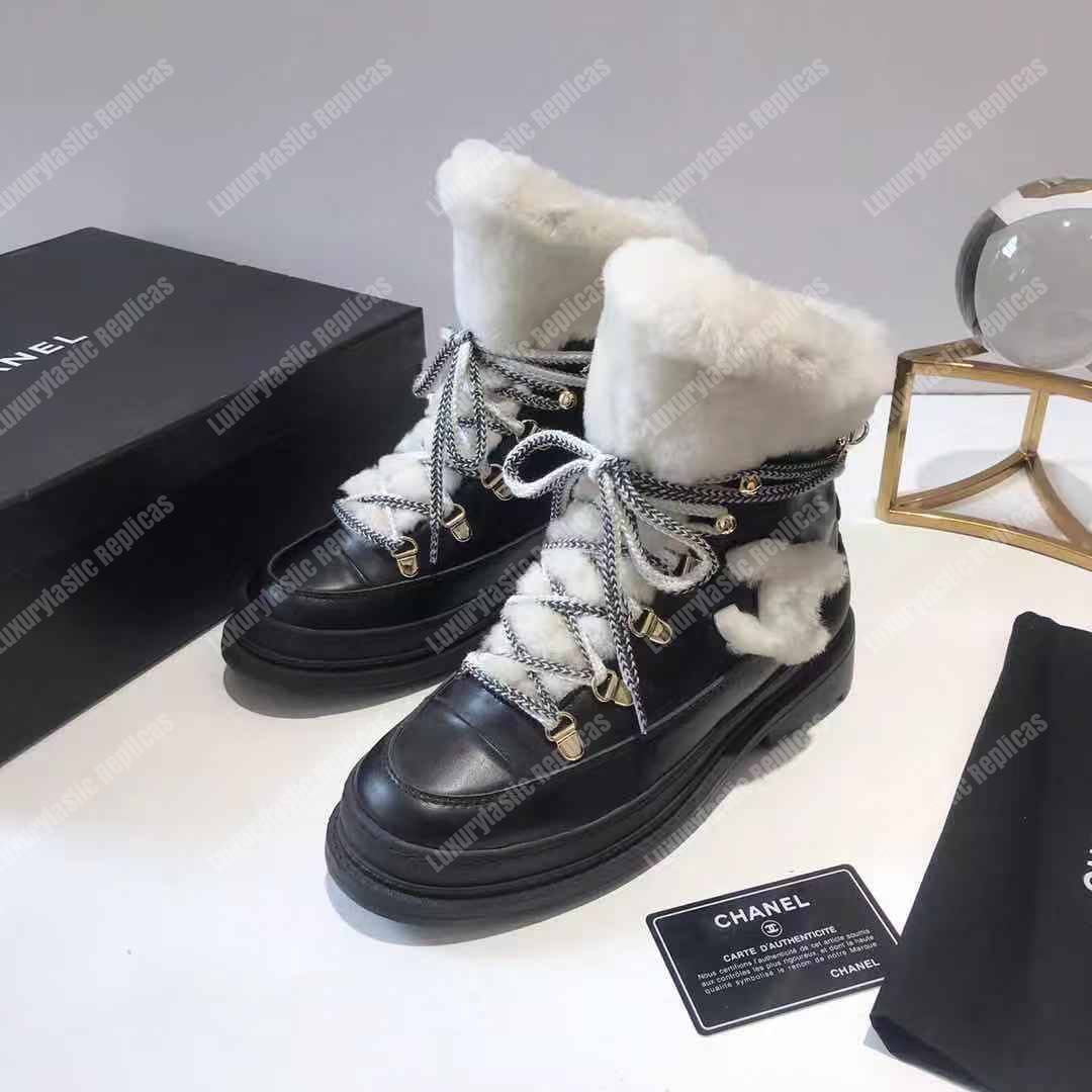 Ch*el round toe lace-up leather boots black / white