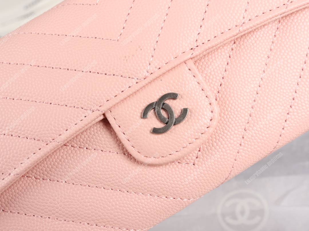 Ch*el classic long flap wallet chevron caviar pink