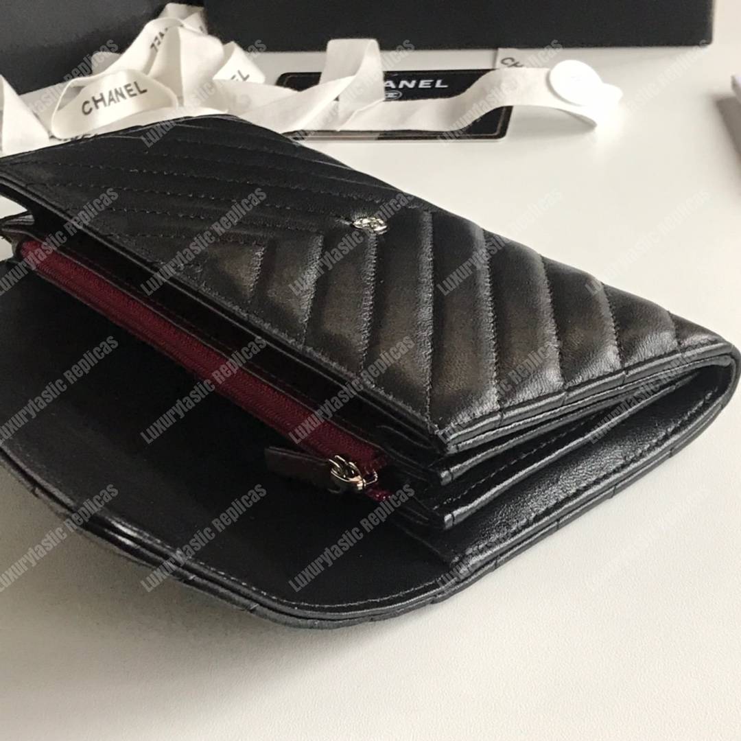 Ch*el classic long flap wallet chevron lambskin black