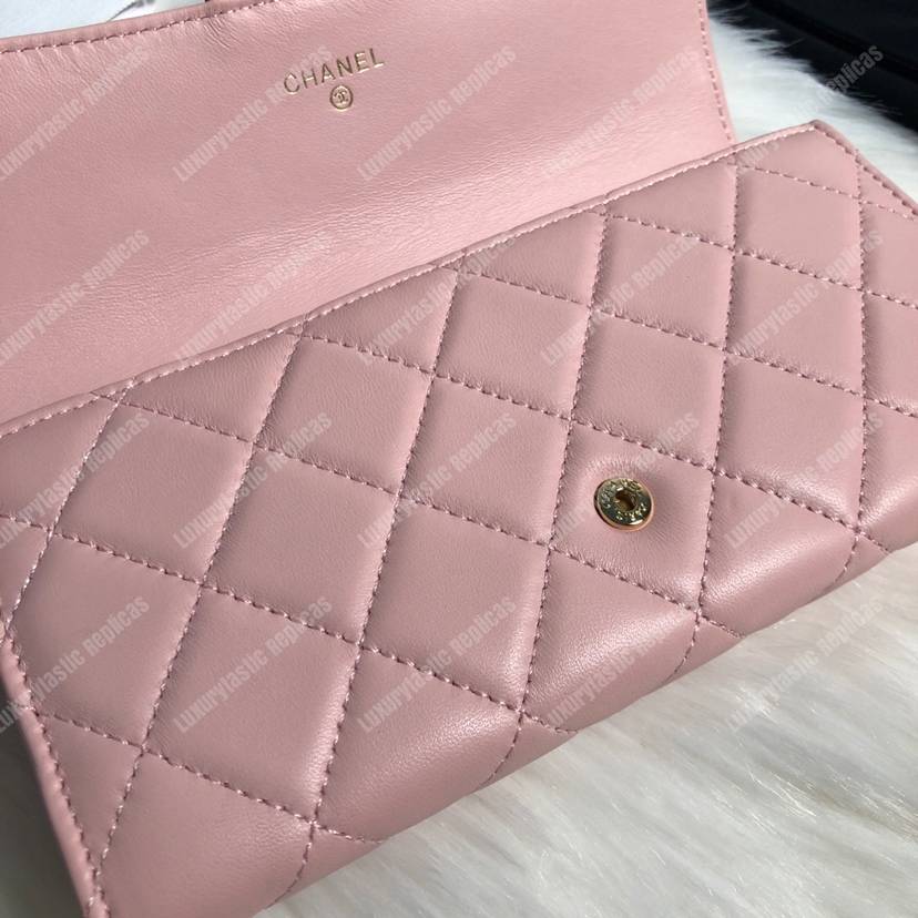 Ch*el classic long flap wallet lambskin leather pink