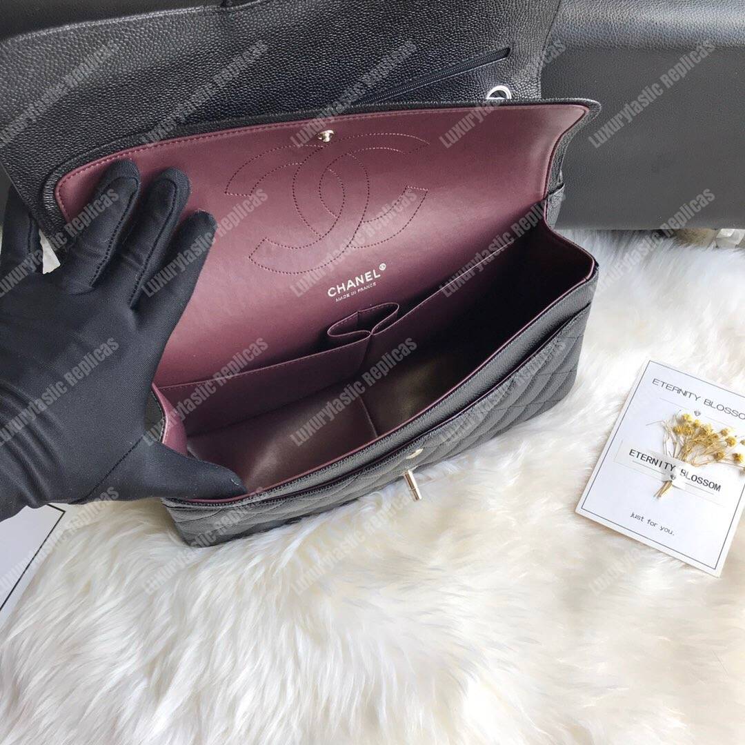 Ch*el classic maxi handbag black grained calfskin silver-toned