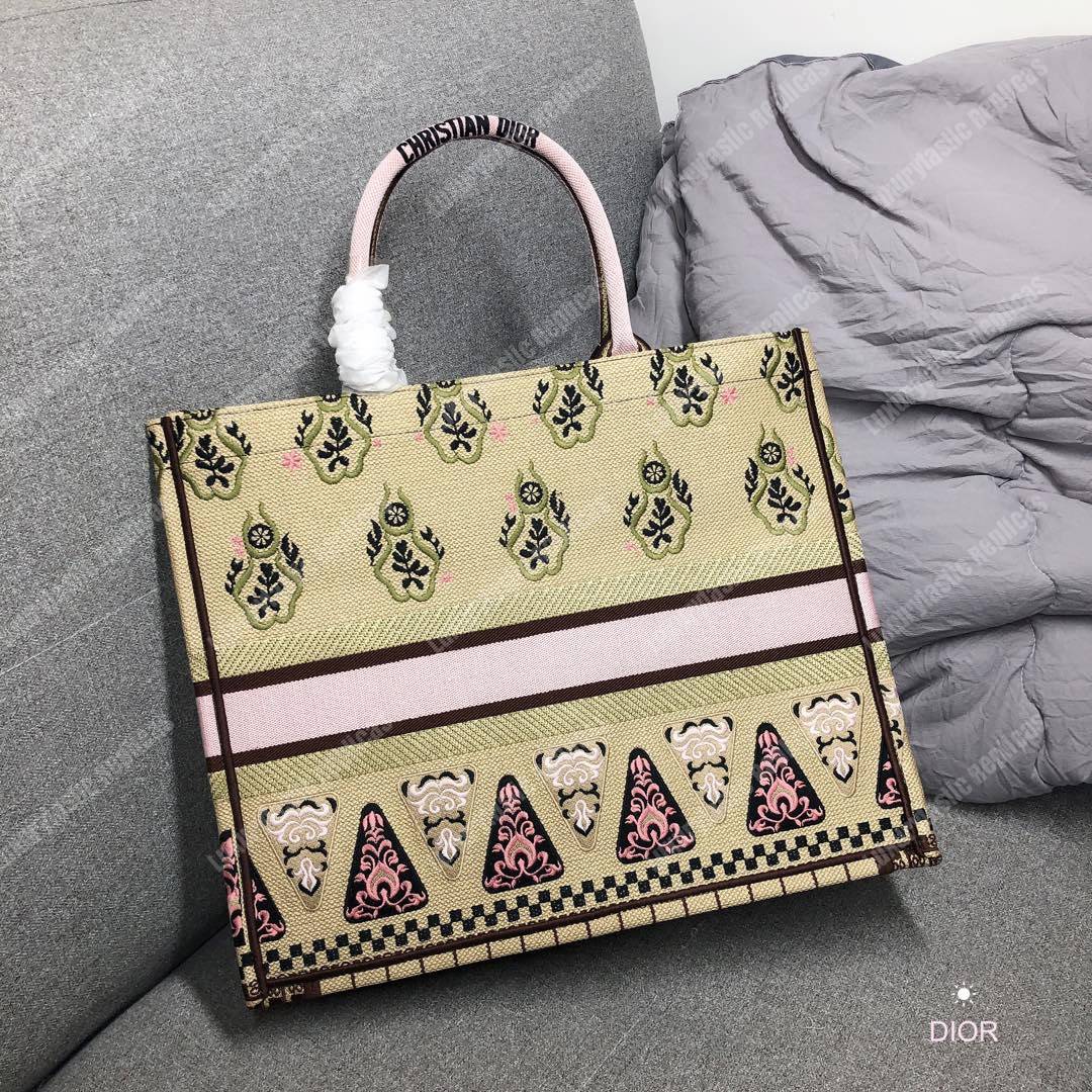 D*or book tote bag embroidered canvas geometric motif green