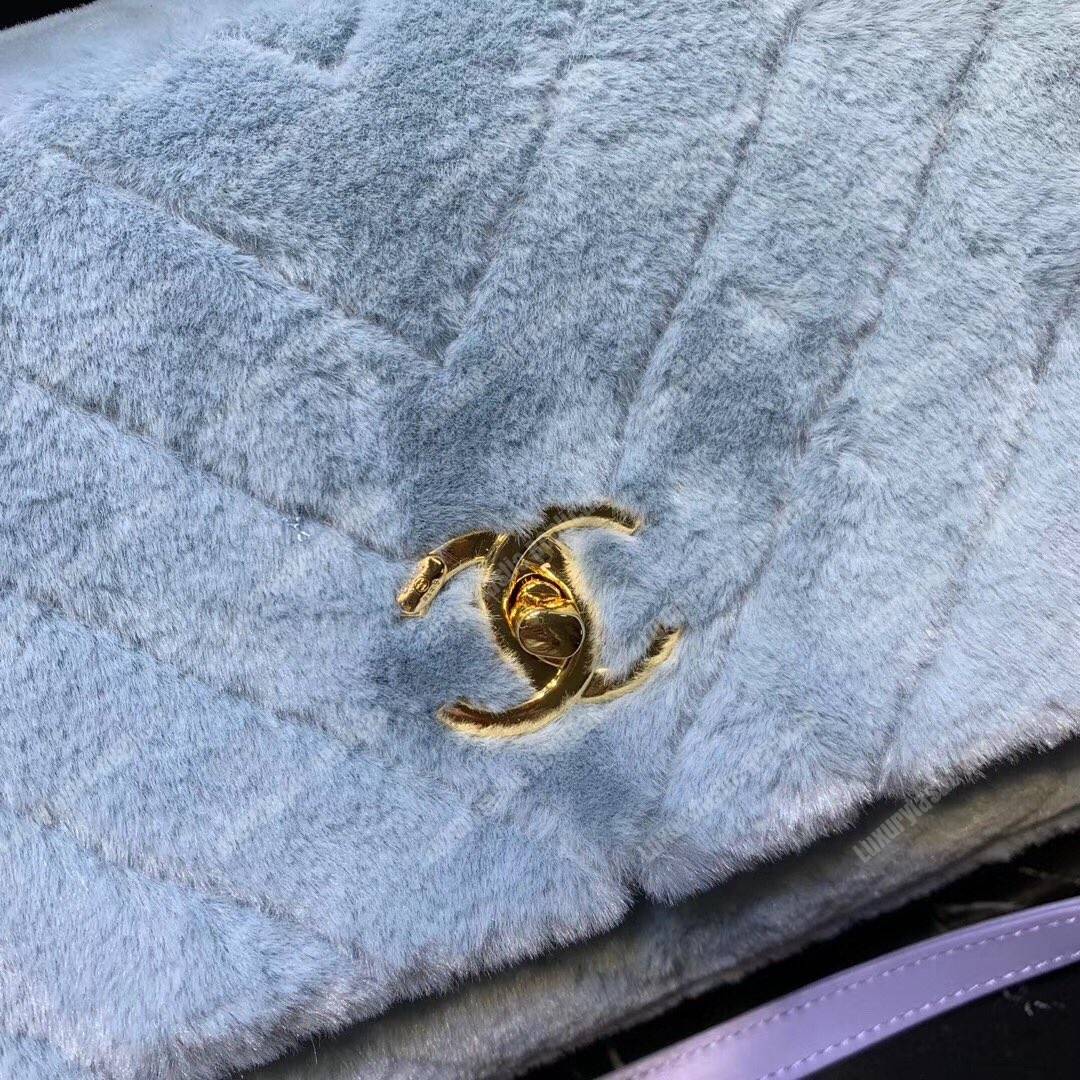 Ch*el flap bag with top handle sky blue