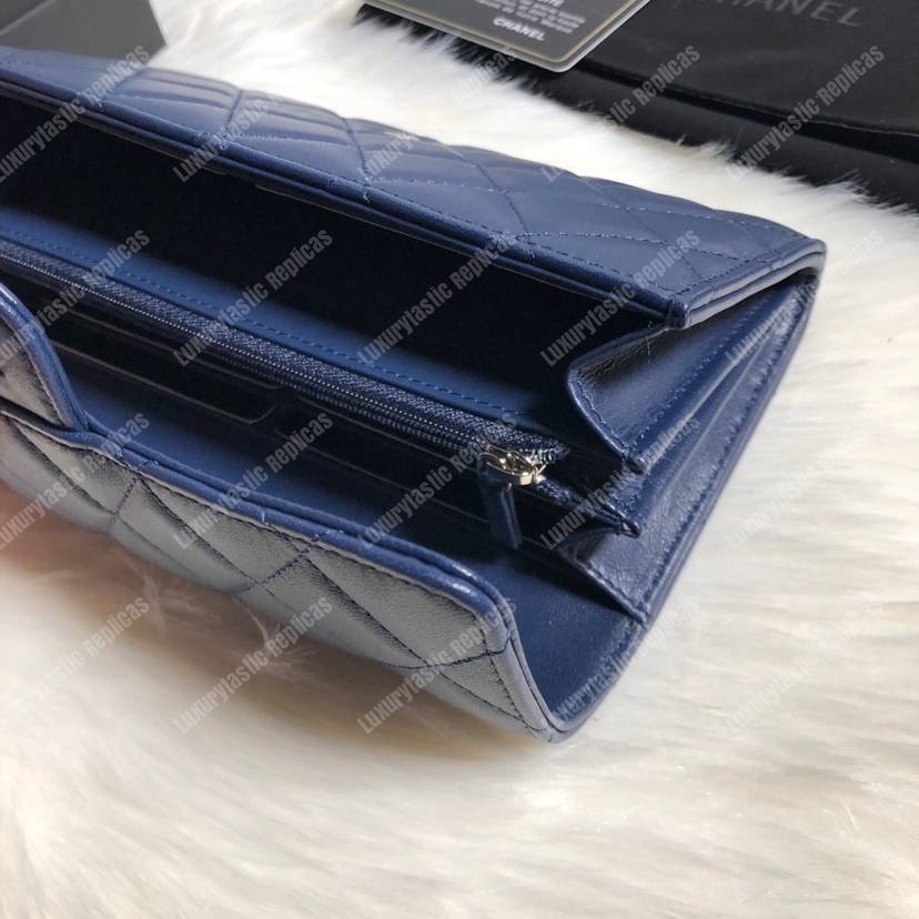 Ch*el classic long flap wallet silver tone navy blue
