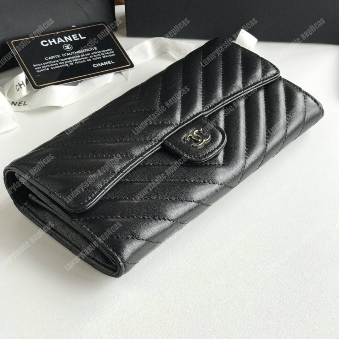 Ch*el classic long flap wallet chevron lambskin black