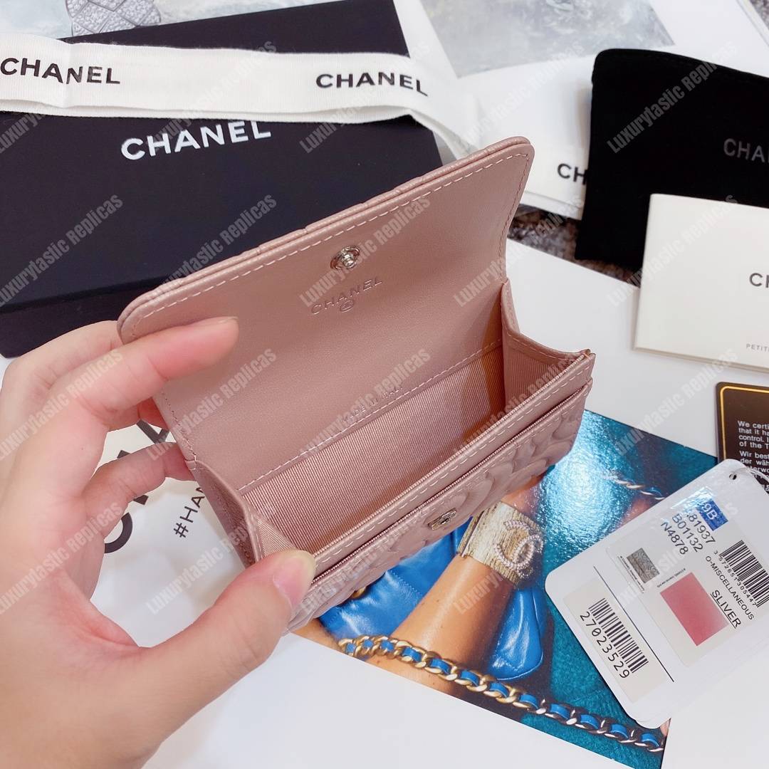 Ch*el flap card holder satin finish goatskin pink