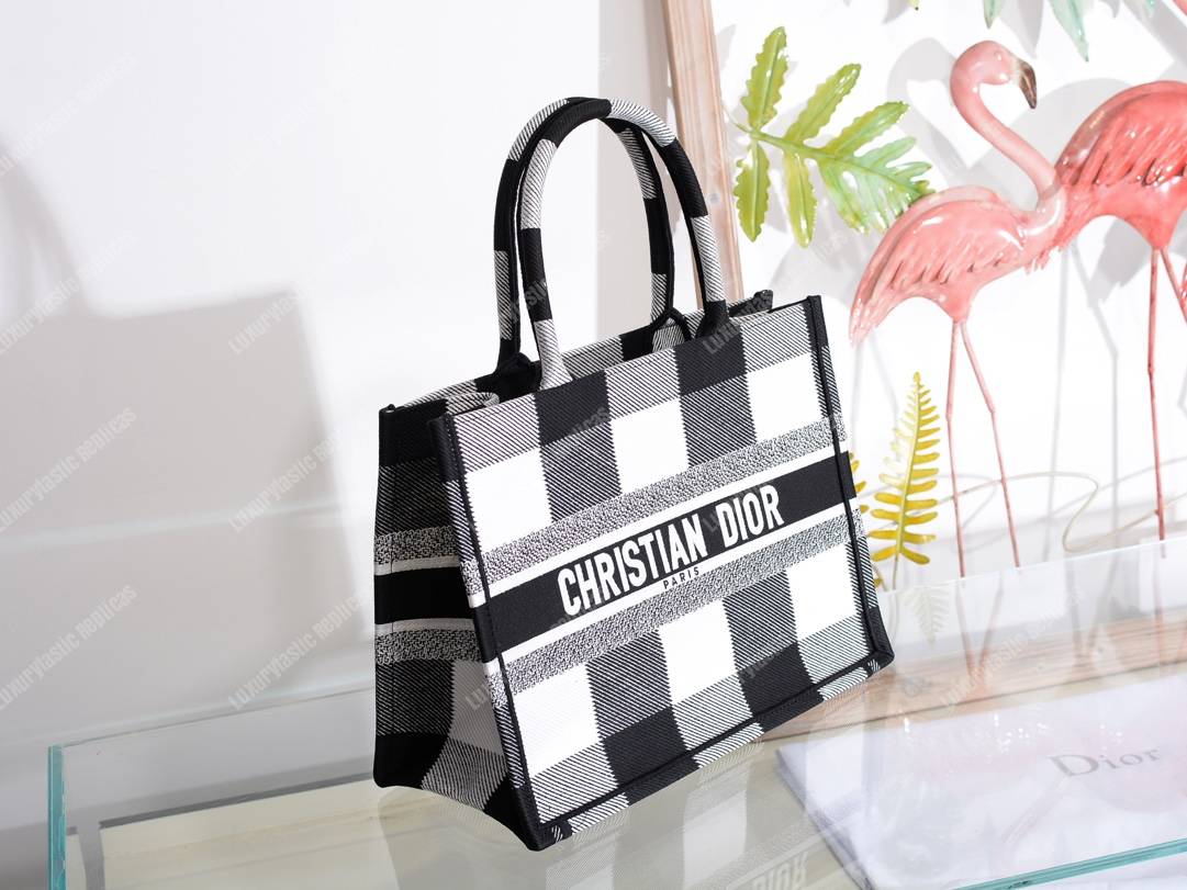mini D*or book tote in off-white & black embroidered canvas