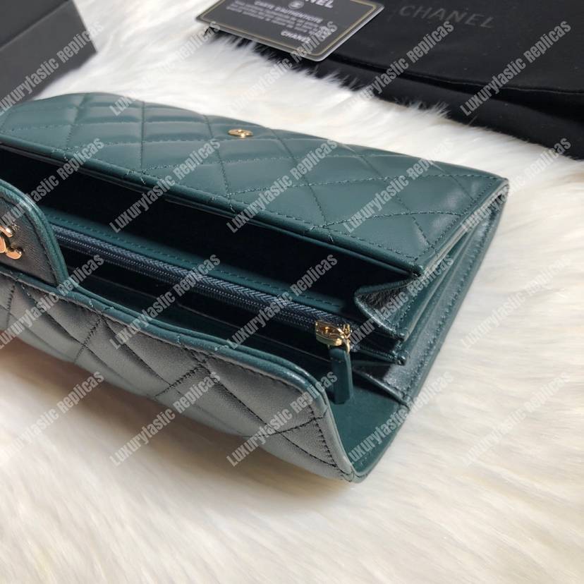 Ch*el classic long flap wallet lambskin leather green
