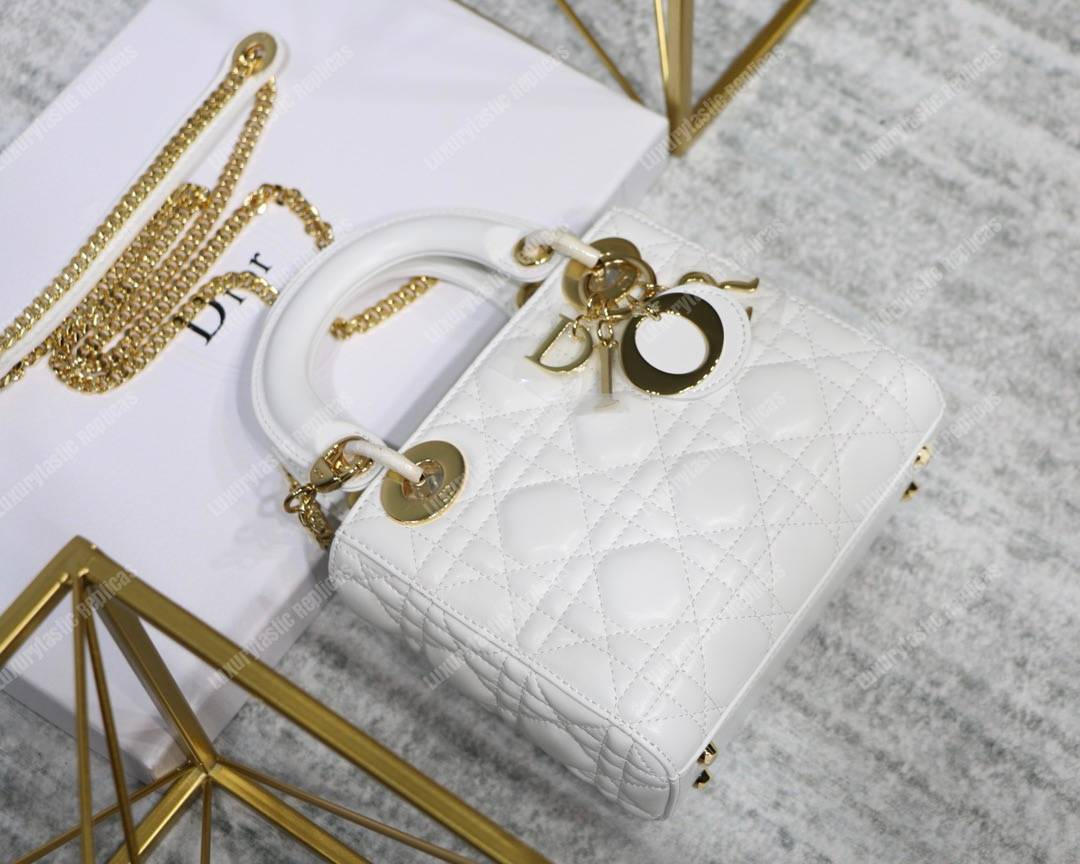 mini lady D*or lambskin bag storm white gold-tone metal