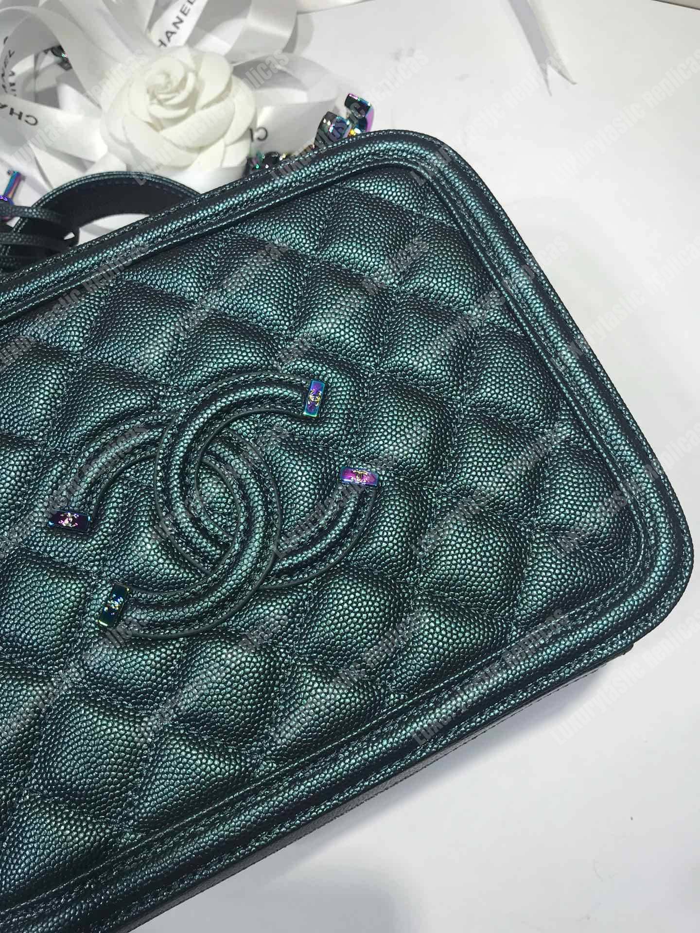 Ch*el iridescent rainbow medium filigree vanity case turquoise