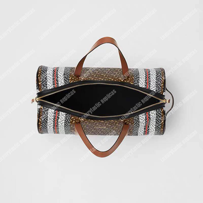 B**rry medium monogram stripe e-canvas barrel bag bridle brown