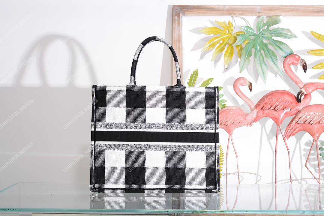 D*or book tote in off-white & black embroidered canvas