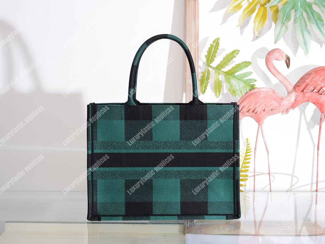 mini D*or book tote in green & black embroidered canvas