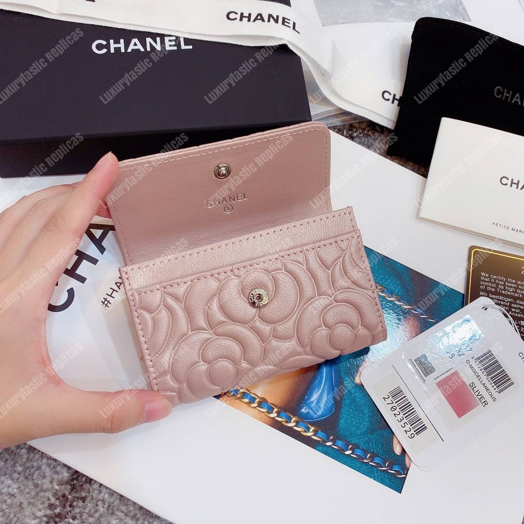 Ch*el flap card holder satin finish goatskin pink