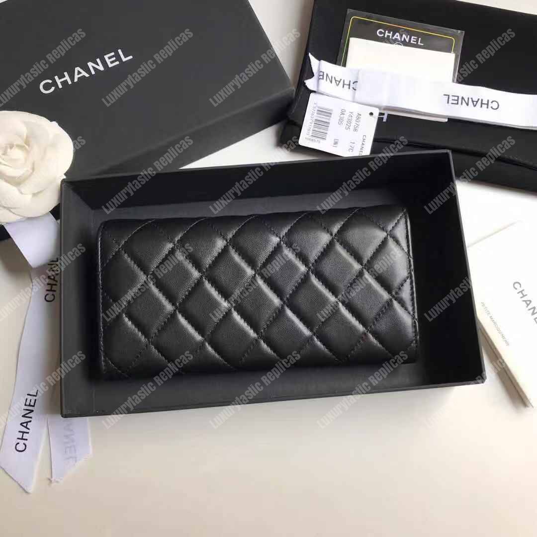 Ch*el classic long flap wallet lambskin black