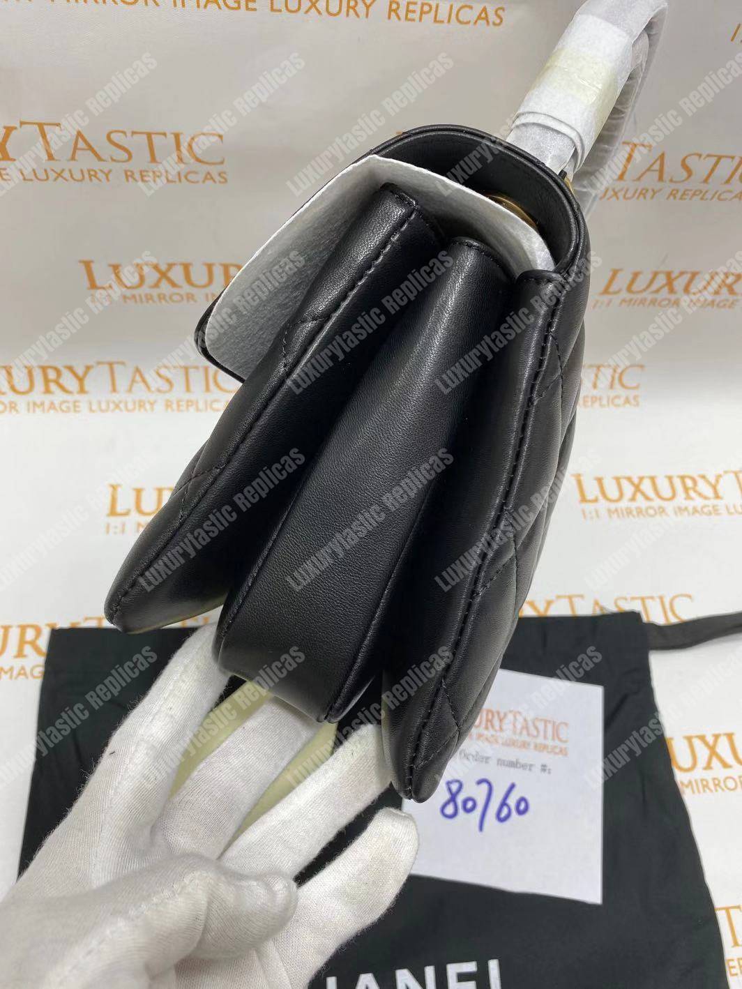 Ch*el small flap bag with top handle black-gold