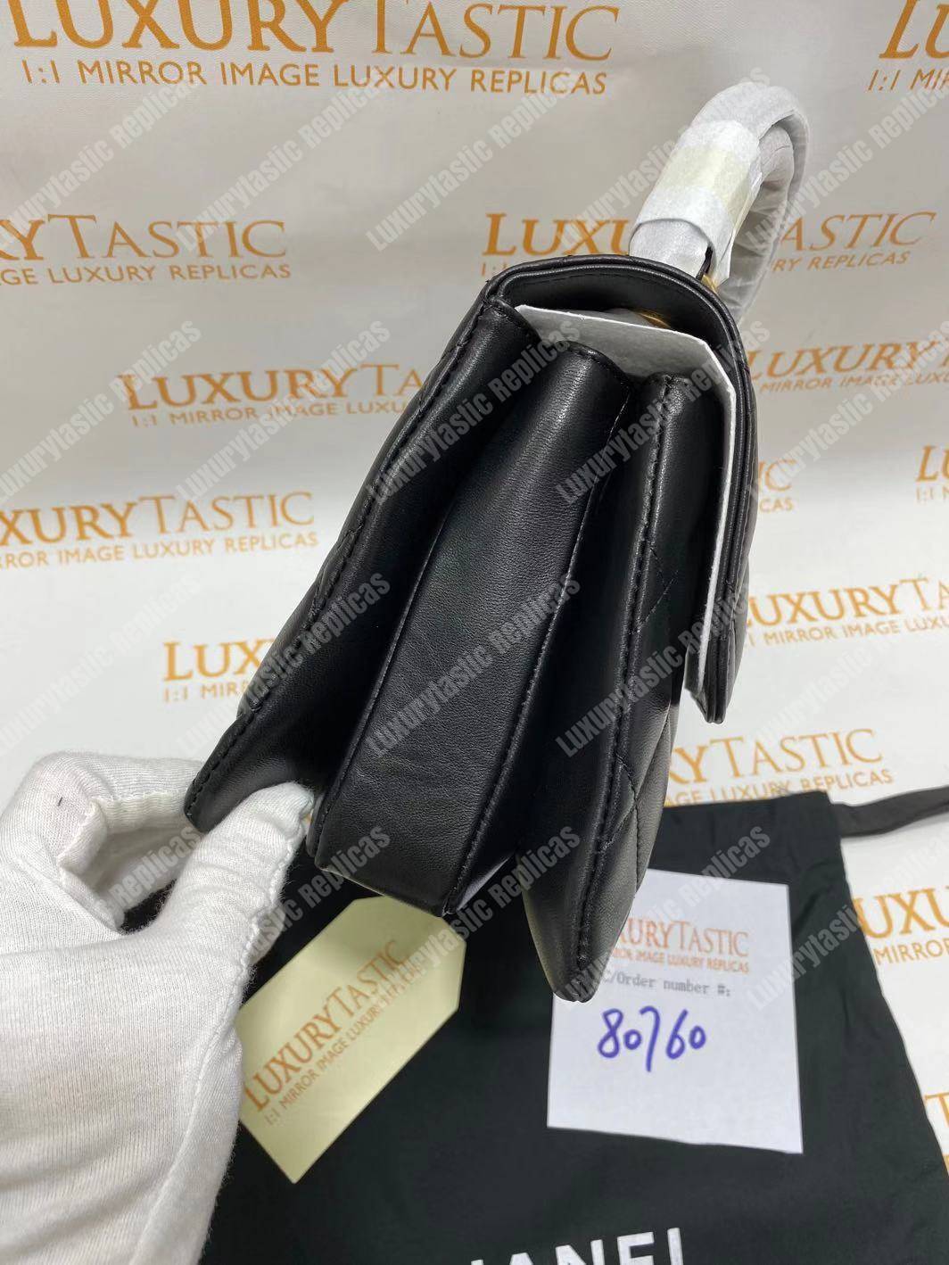 Ch*el small flap bag with top handle black-gold