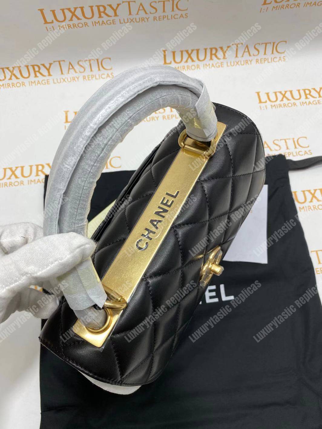 Ch*el small flap bag with top handle black-gold