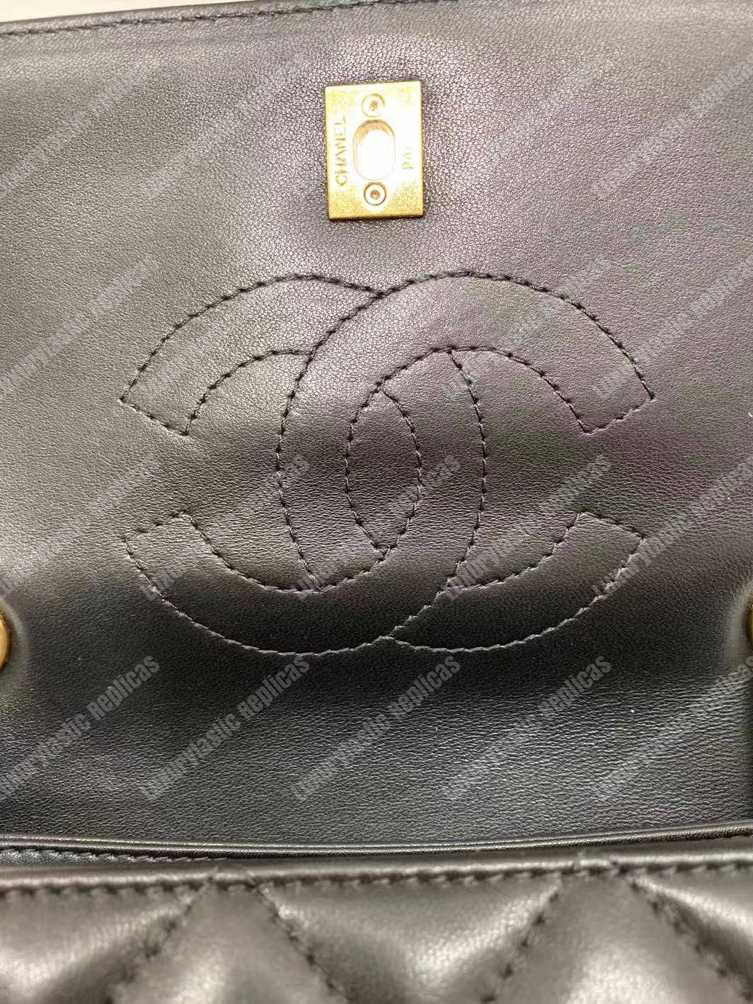 Ch*el small flap bag with top handle black-gold