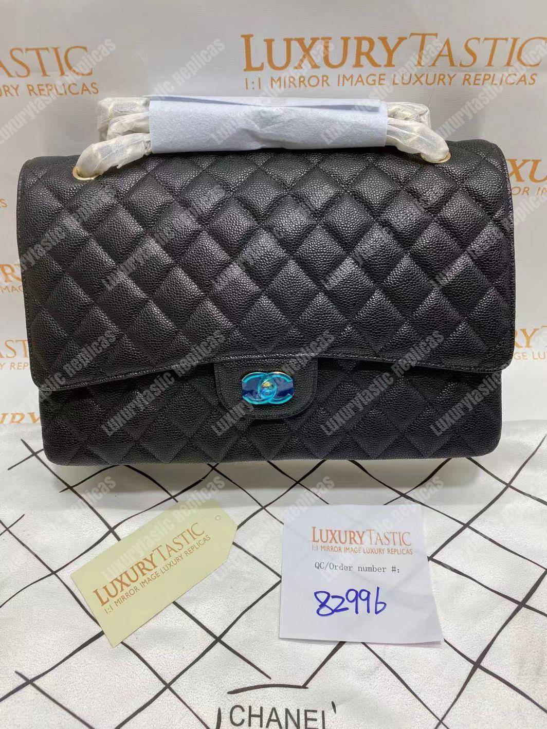 Ch*el classic maxi handbag black grained calfskin silver-toned