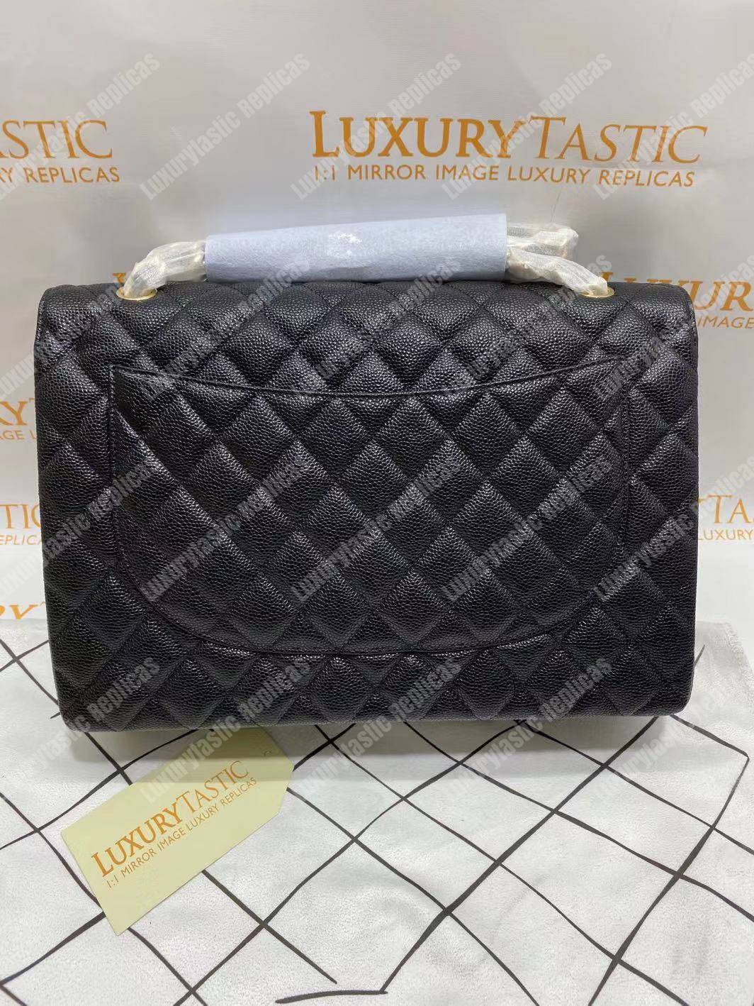 Ch*el classic maxi handbag black grained calfskin silver-toned