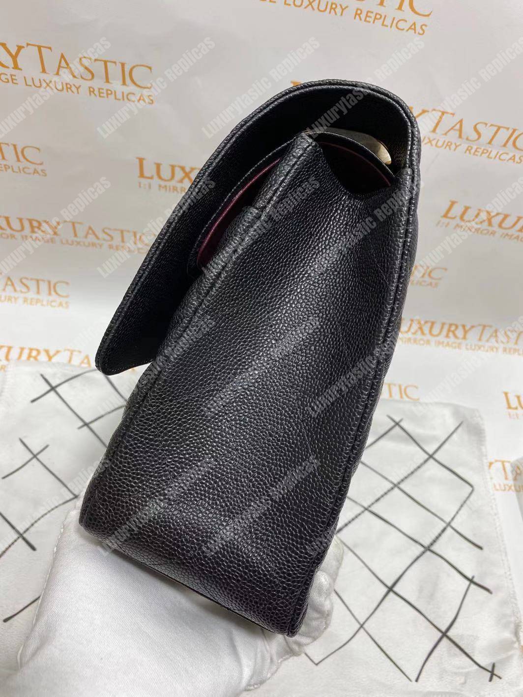 Ch*el classic maxi handbag black grained calfskin silver-toned