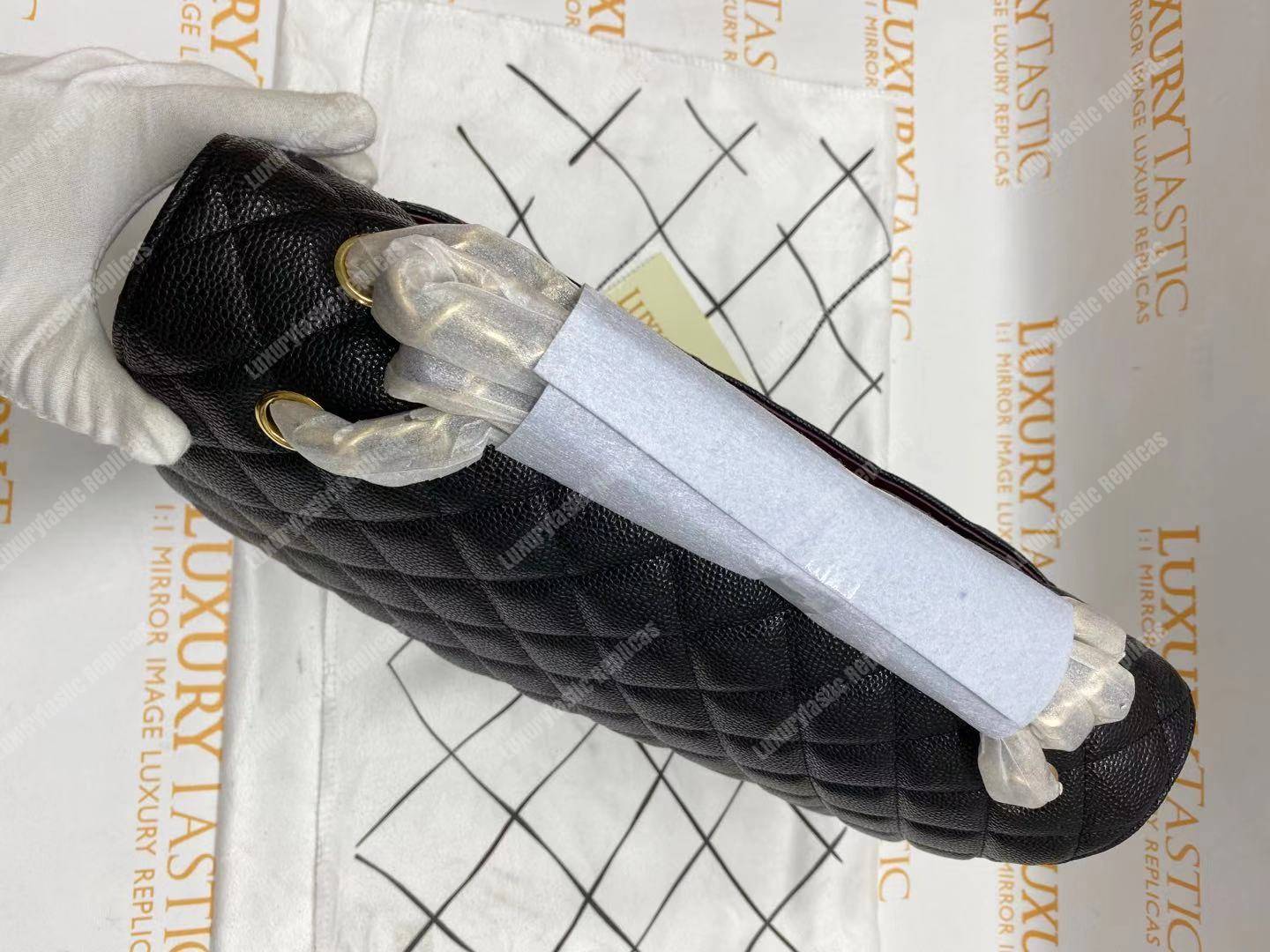 Ch*el classic maxi handbag black grained calfskin silver-toned