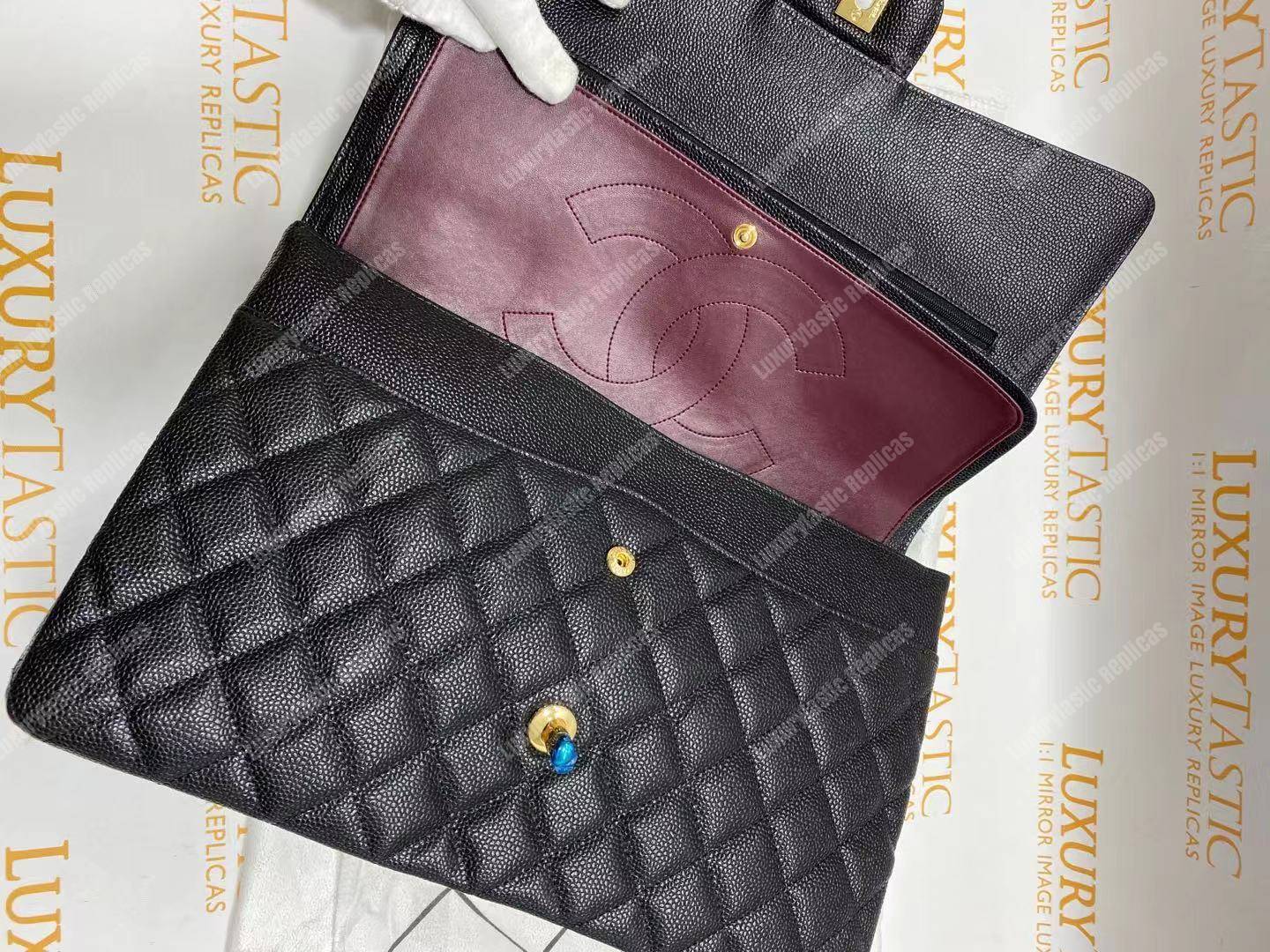 Ch*el classic maxi handbag black grained calfskin silver-toned