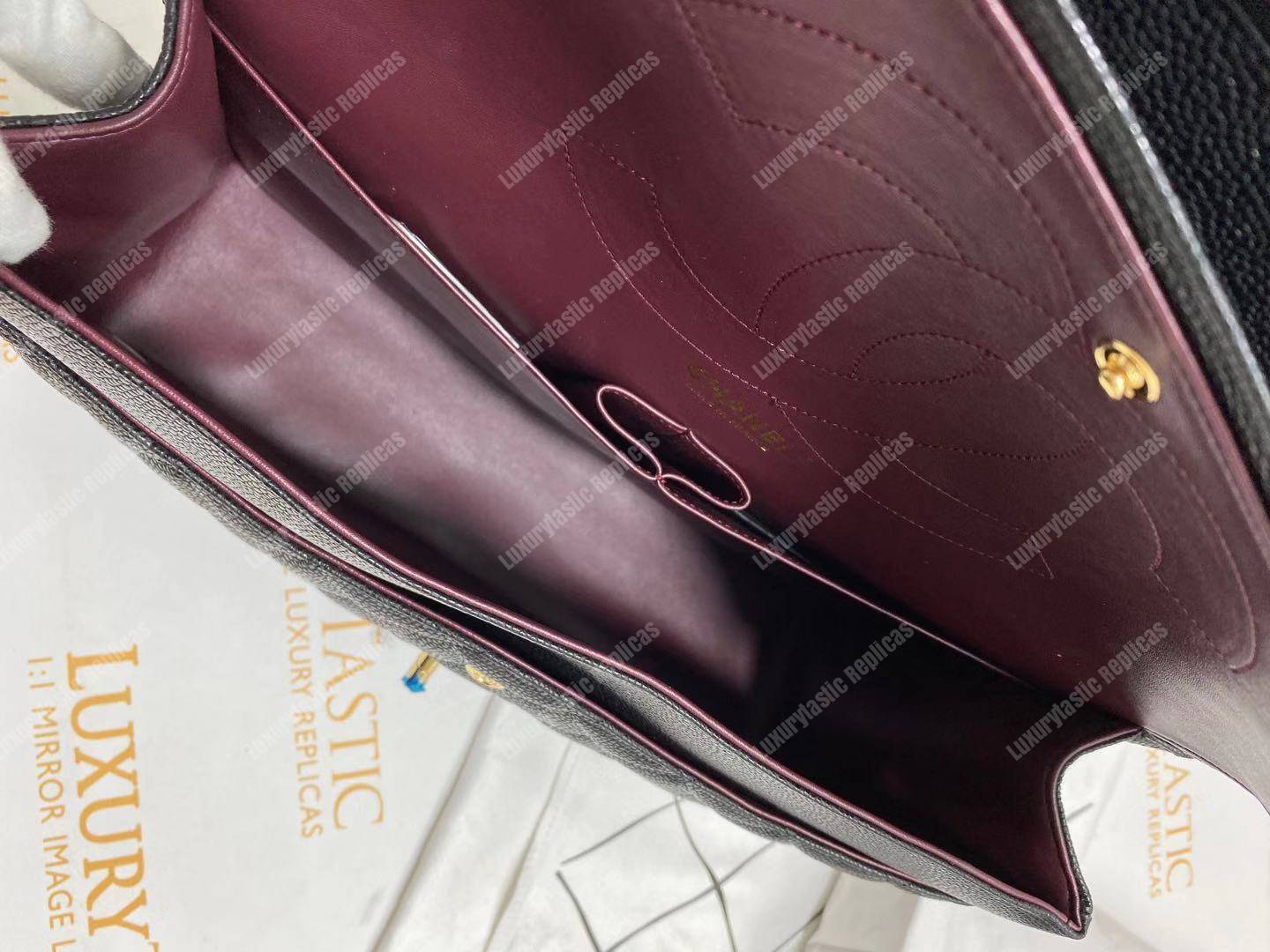 Ch*el classic maxi handbag black grained calfskin silver-toned