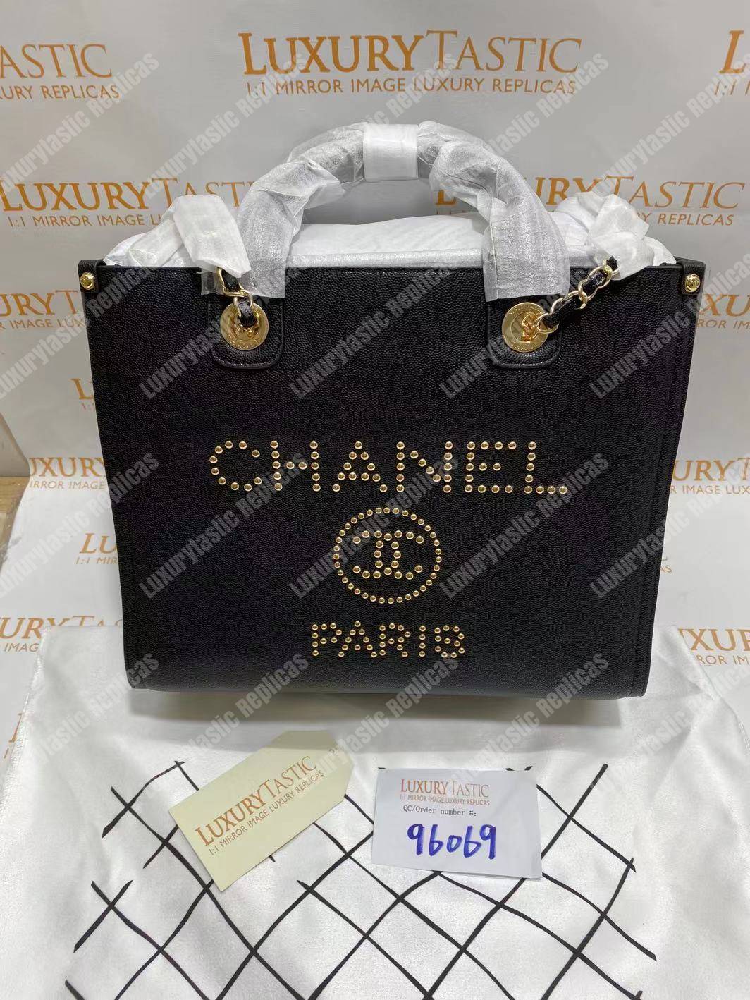 Ch*el studded calfskin small deauville tote bag gold-tone