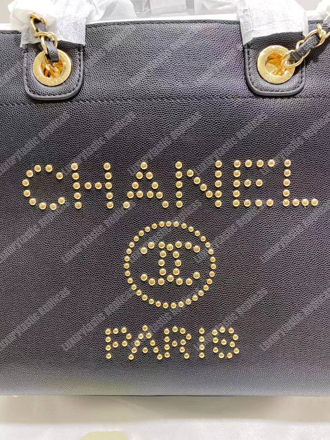 Ch*el studded calfskin small deauville tote bag gold-tone