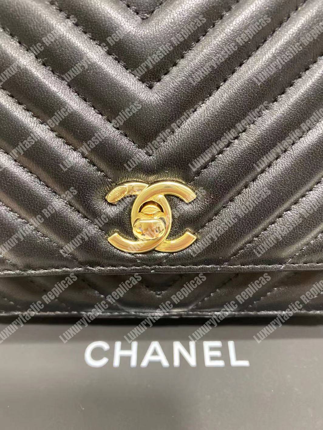 Ch*el wallet on chain – woc chevron lambskin gold-toned metal black