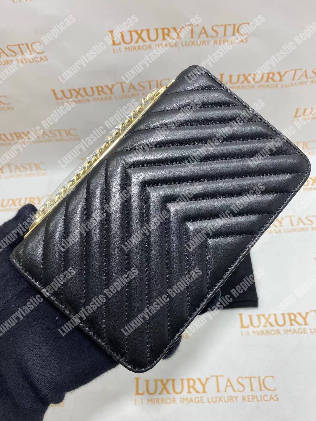 Ch*el wallet on chain – woc chevron lambskin gold-toned metal black