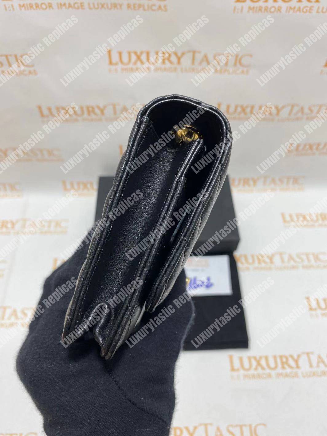 Ch*el wallet on chain – woc chevron lambskin gold-toned metal black