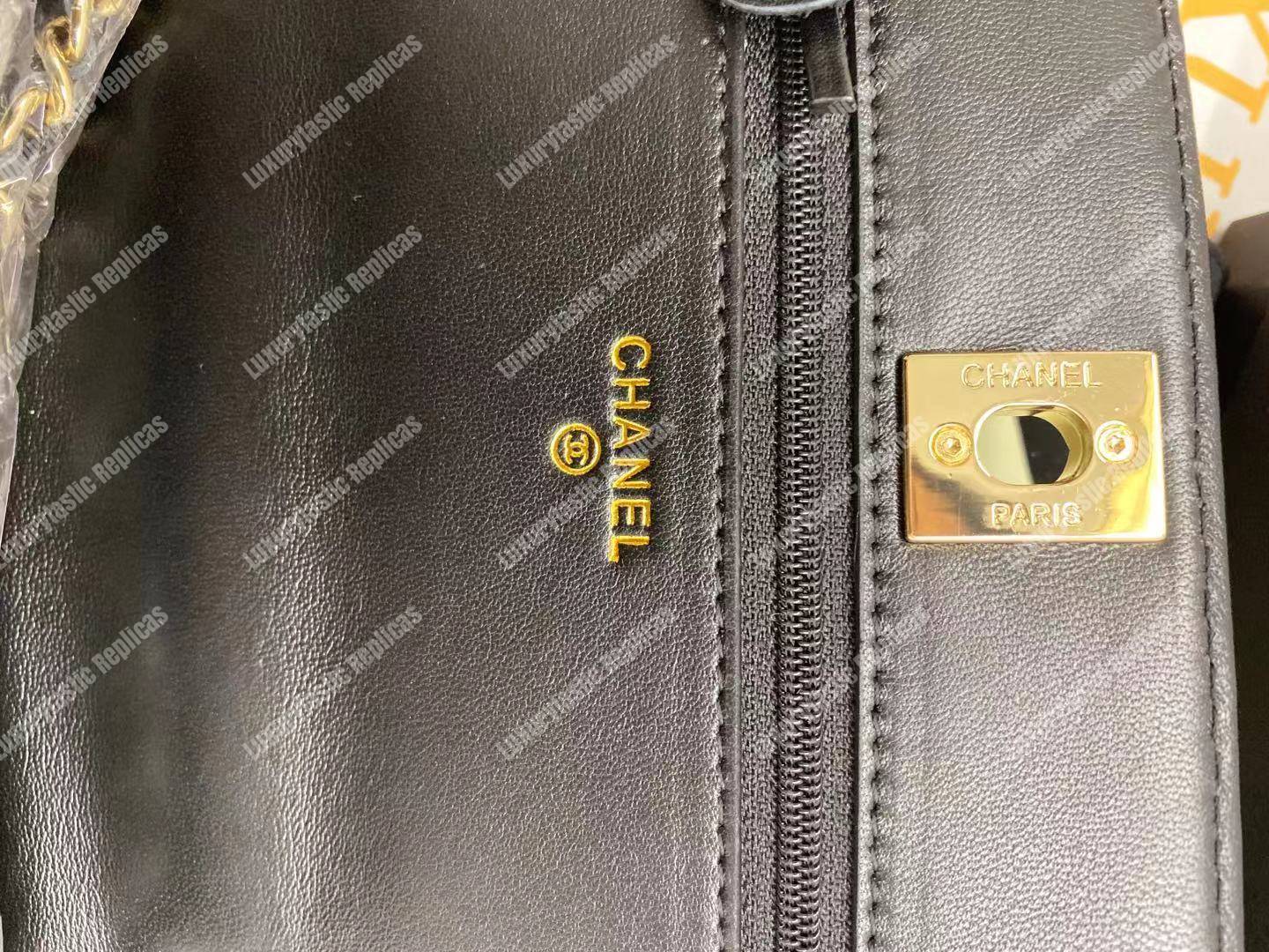 Ch*el wallet on chain – woc chevron lambskin gold-toned metal black