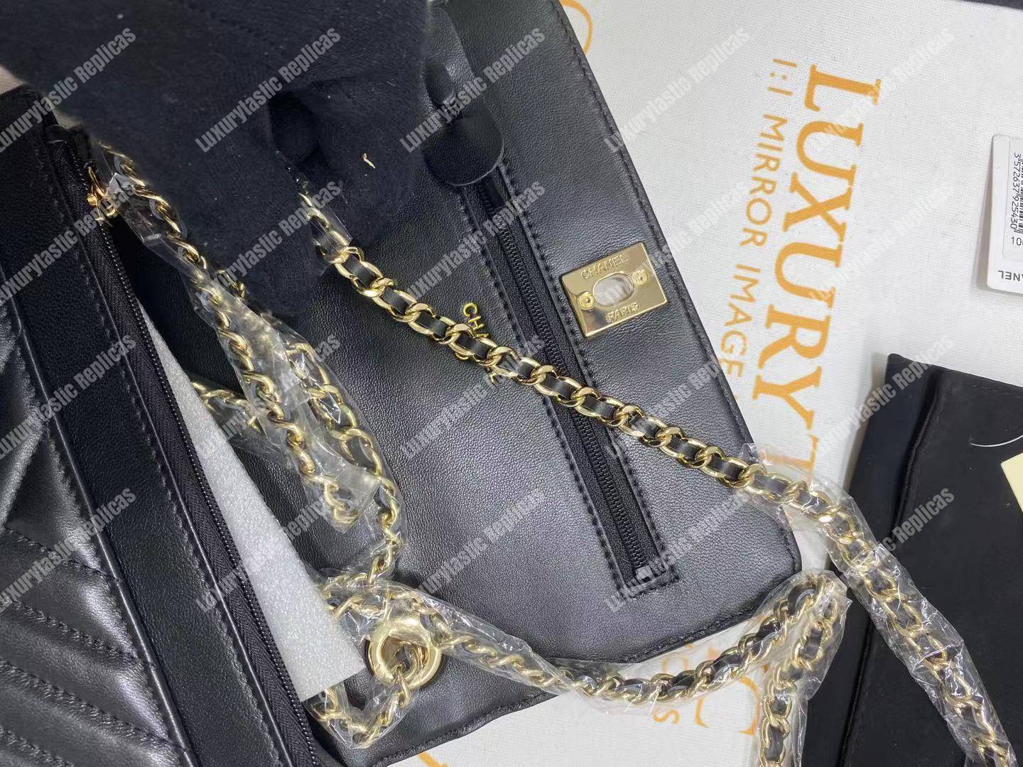 Ch*el wallet on chain – woc chevron lambskin gold-toned metal black