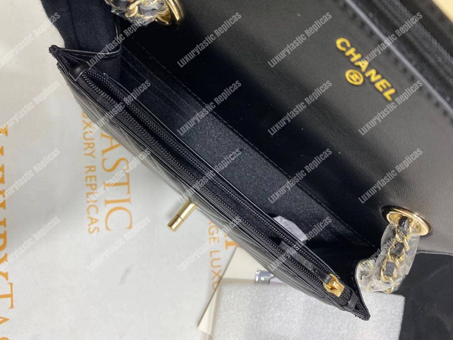 Ch*el wallet on chain – woc chevron lambskin gold-toned metal black