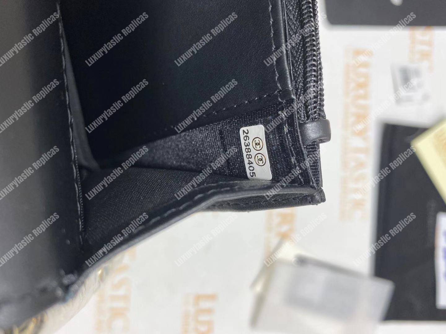 Ch*el wallet on chain – woc chevron lambskin gold-toned metal black