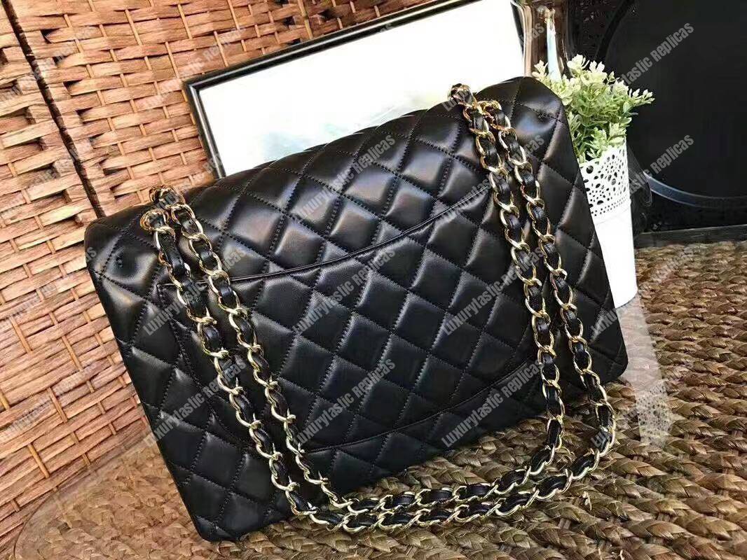 Ch*el classic flap maxi black lambskin-gold tone metal