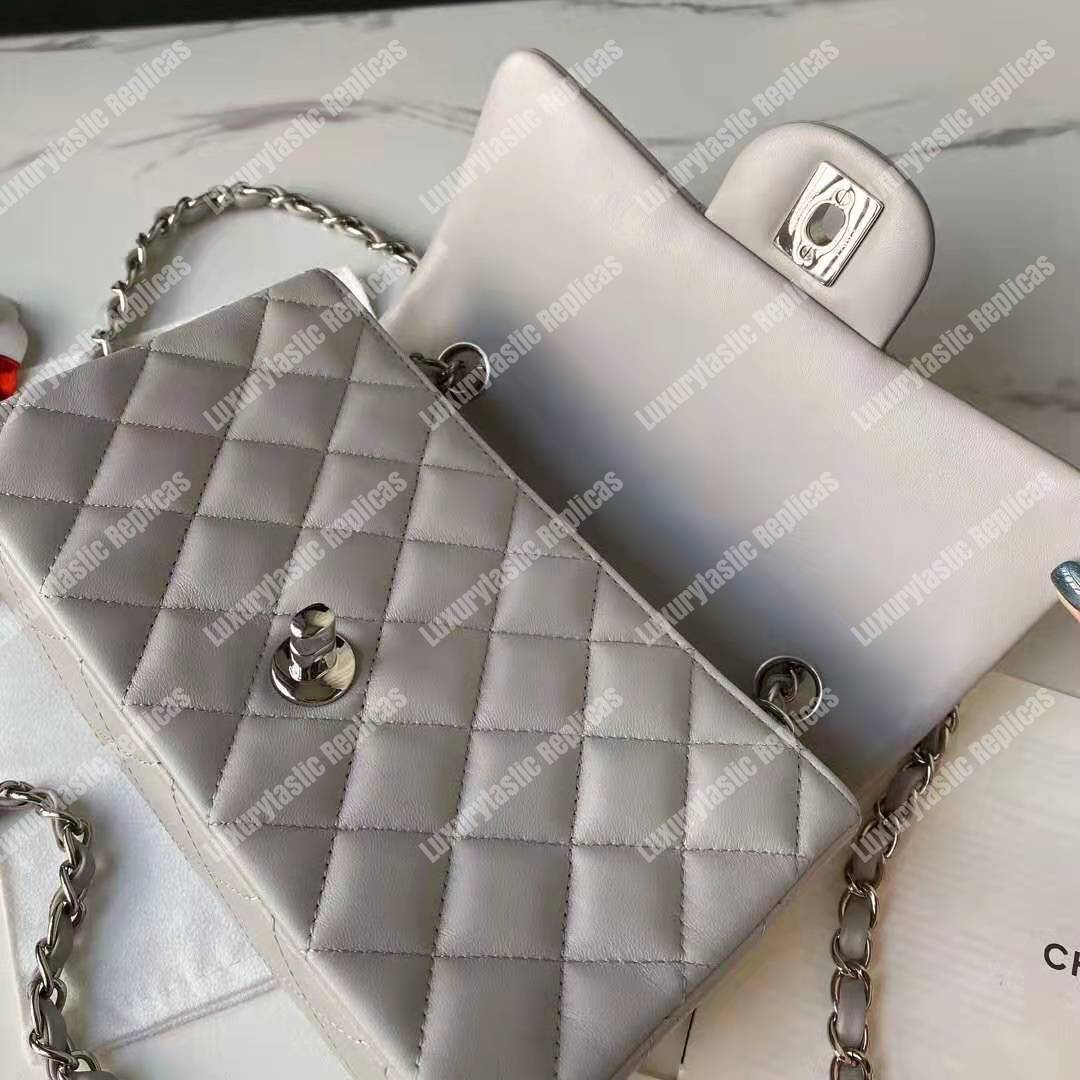 Ch*el mini flap bag light grey lambskin silver hardware