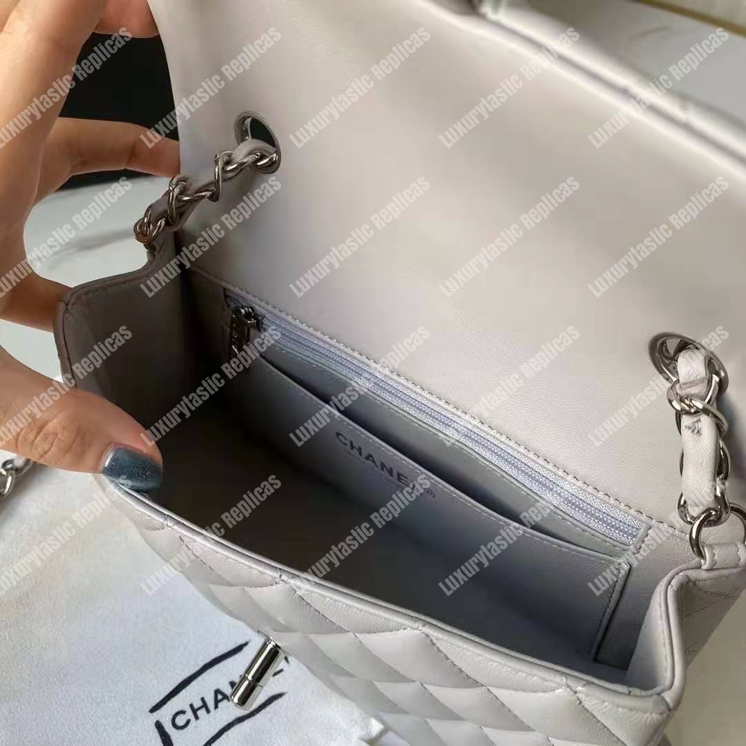 Ch*el mini flap bag light grey lambskin silver hardware