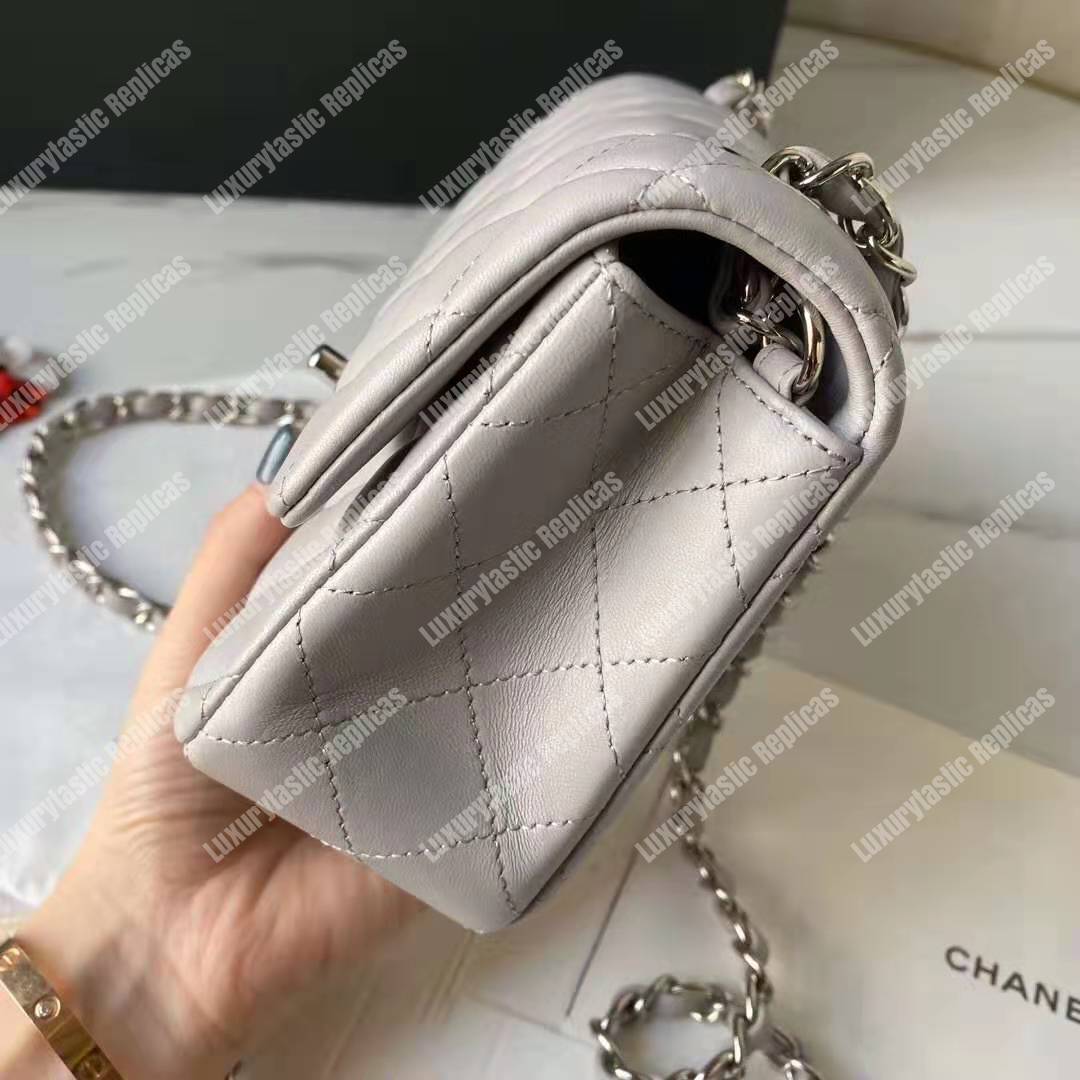 Ch*el mini flap bag light grey lambskin silver hardware