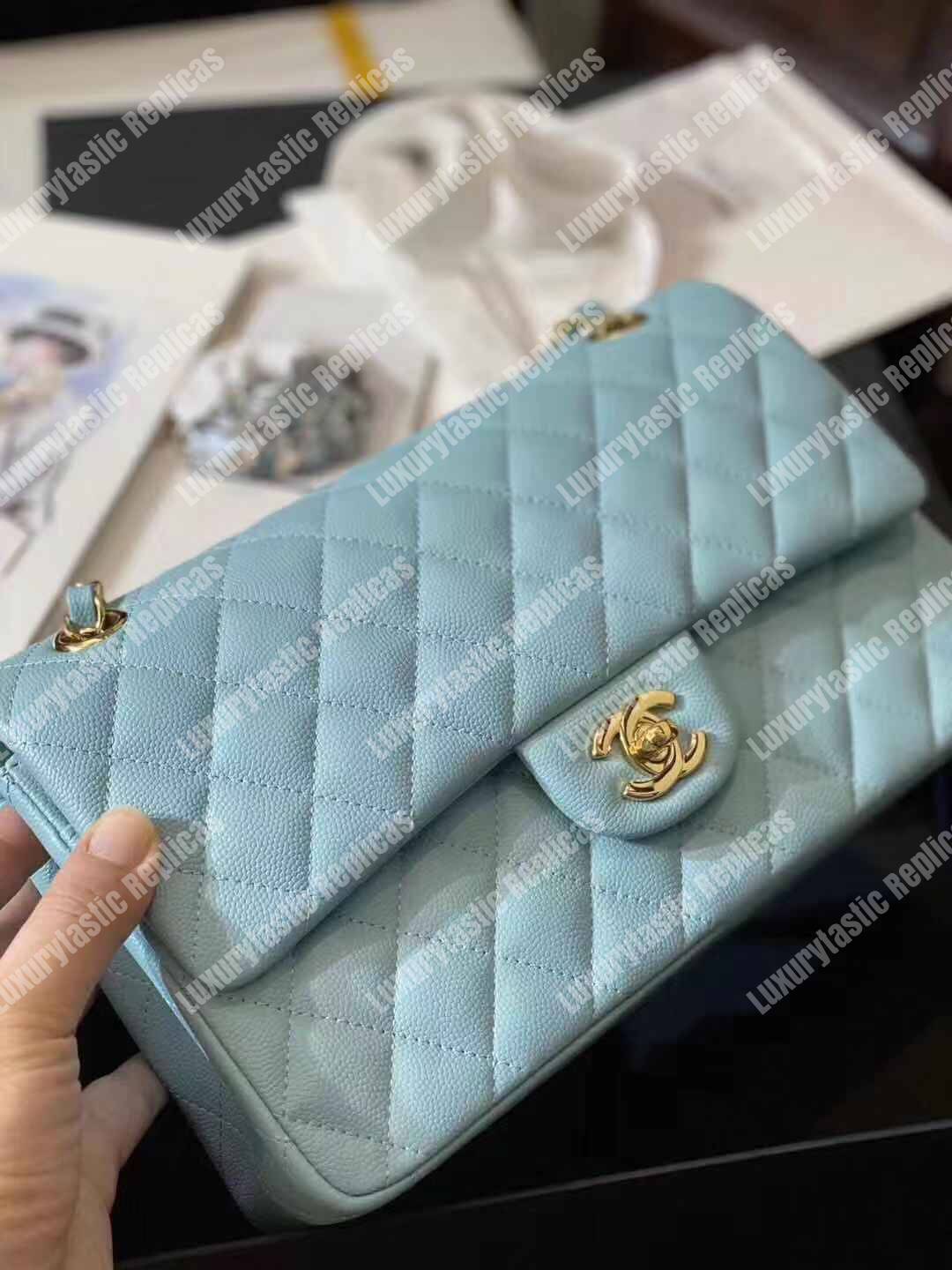 Ch*el medium classic handbag pale blue gold-tone metal