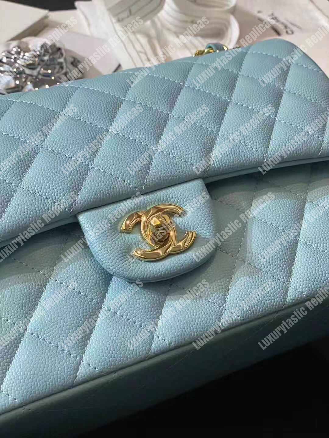 Ch*el medium classic handbag pale blue gold-tone metal