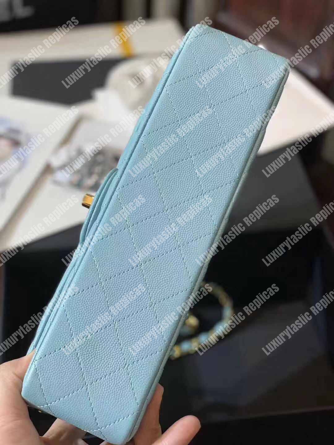 Ch*el medium classic handbag pale blue gold-tone metal