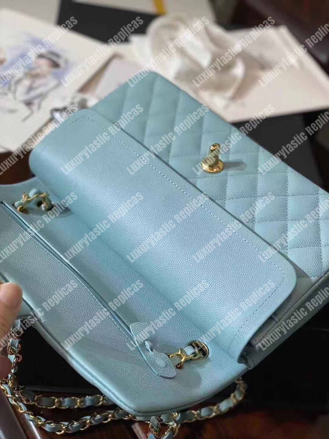 Ch*el medium classic handbag pale blue gold-tone metal